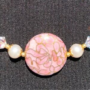 HAND CRAFTED JEWELRY necklace pink gold beads upcycled glass pearls Vintage